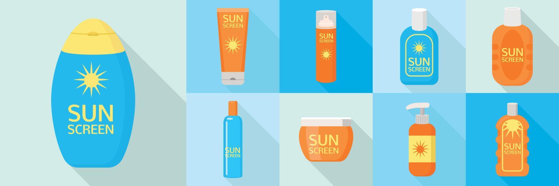 zonnebrandcrème fles iconen set, vlakke stijl vector