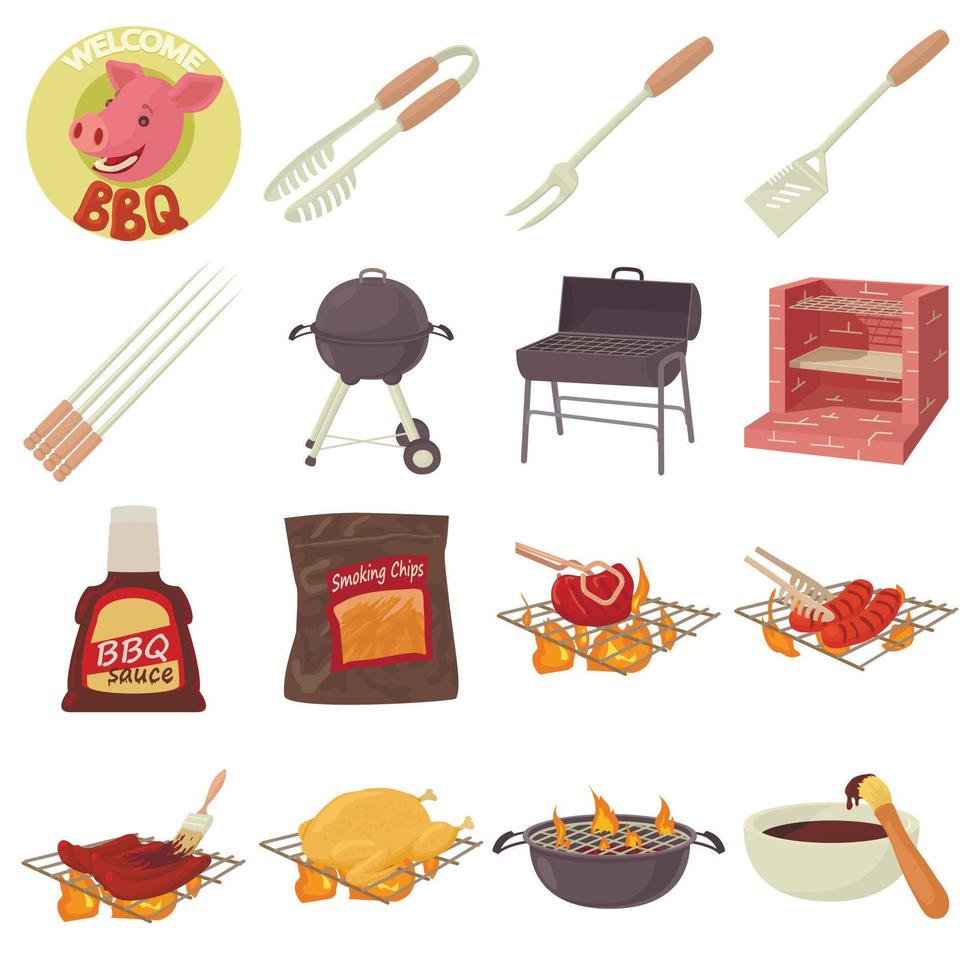 barbecue tools iconen set, cartoon stijl vector