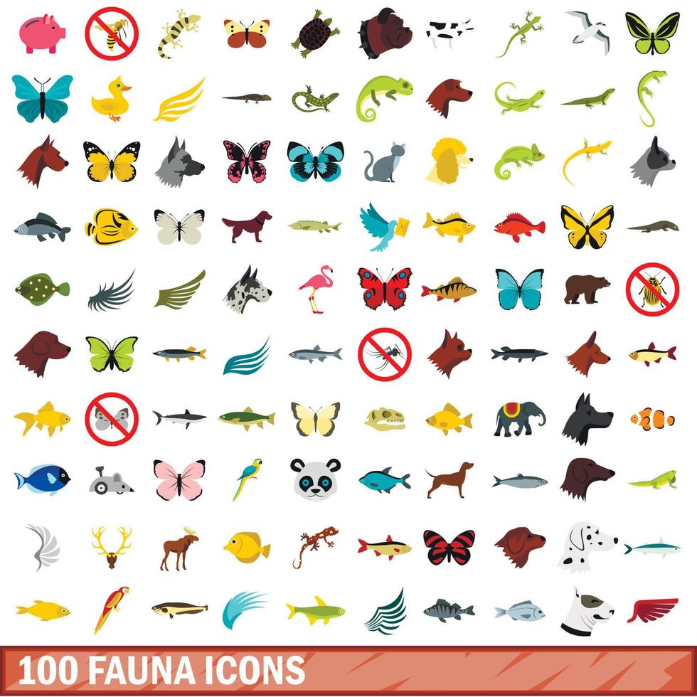 100 fauna iconen set, vlakke stijl vector