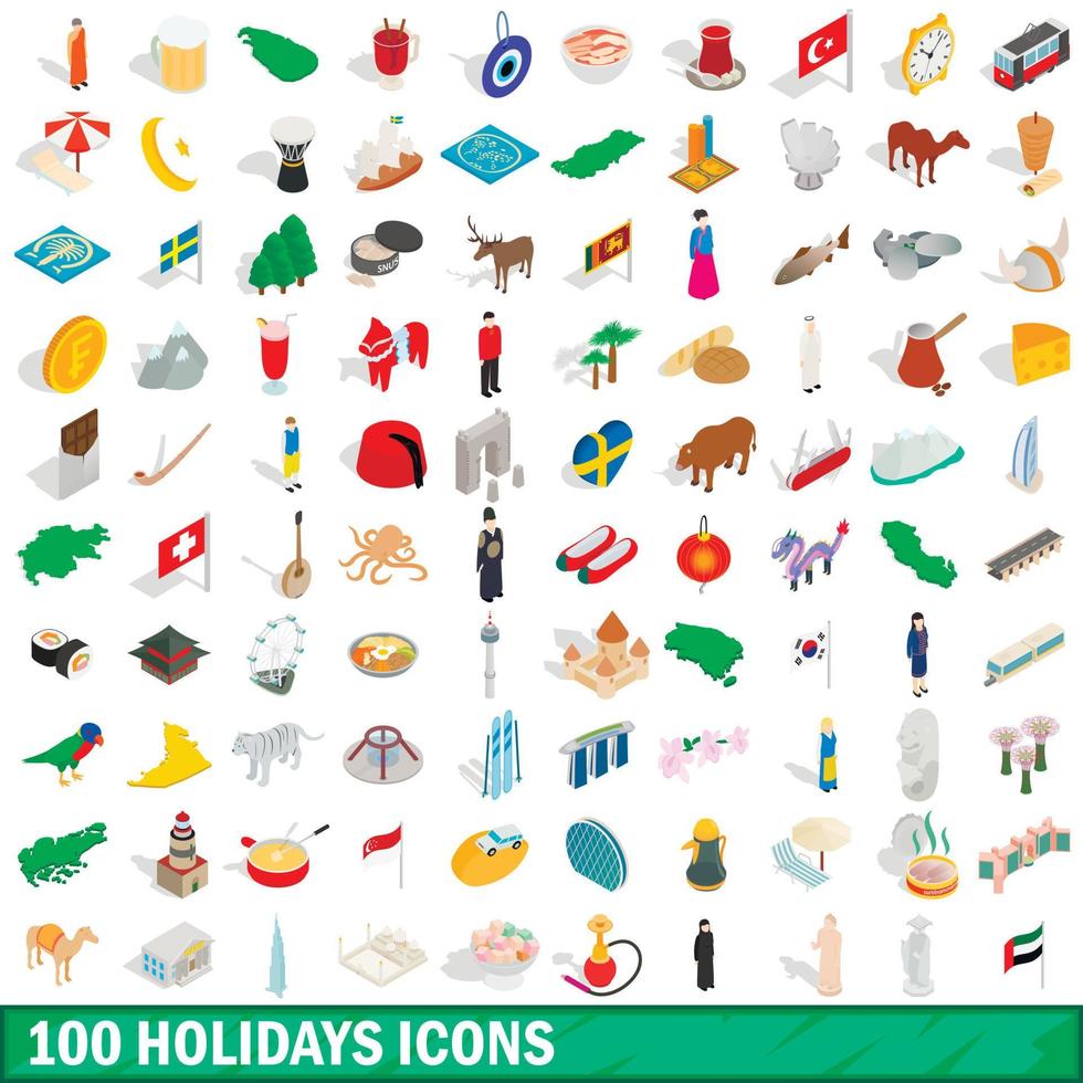 100 vakantie iconen set, isometrische 3D-stijl vector