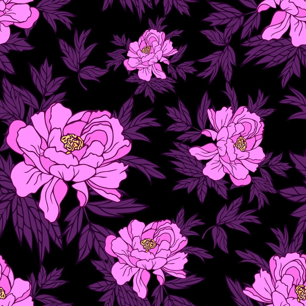 naadloze patroon van pioenroos bloemen met bladeren op een zwarte achtergrond. vector