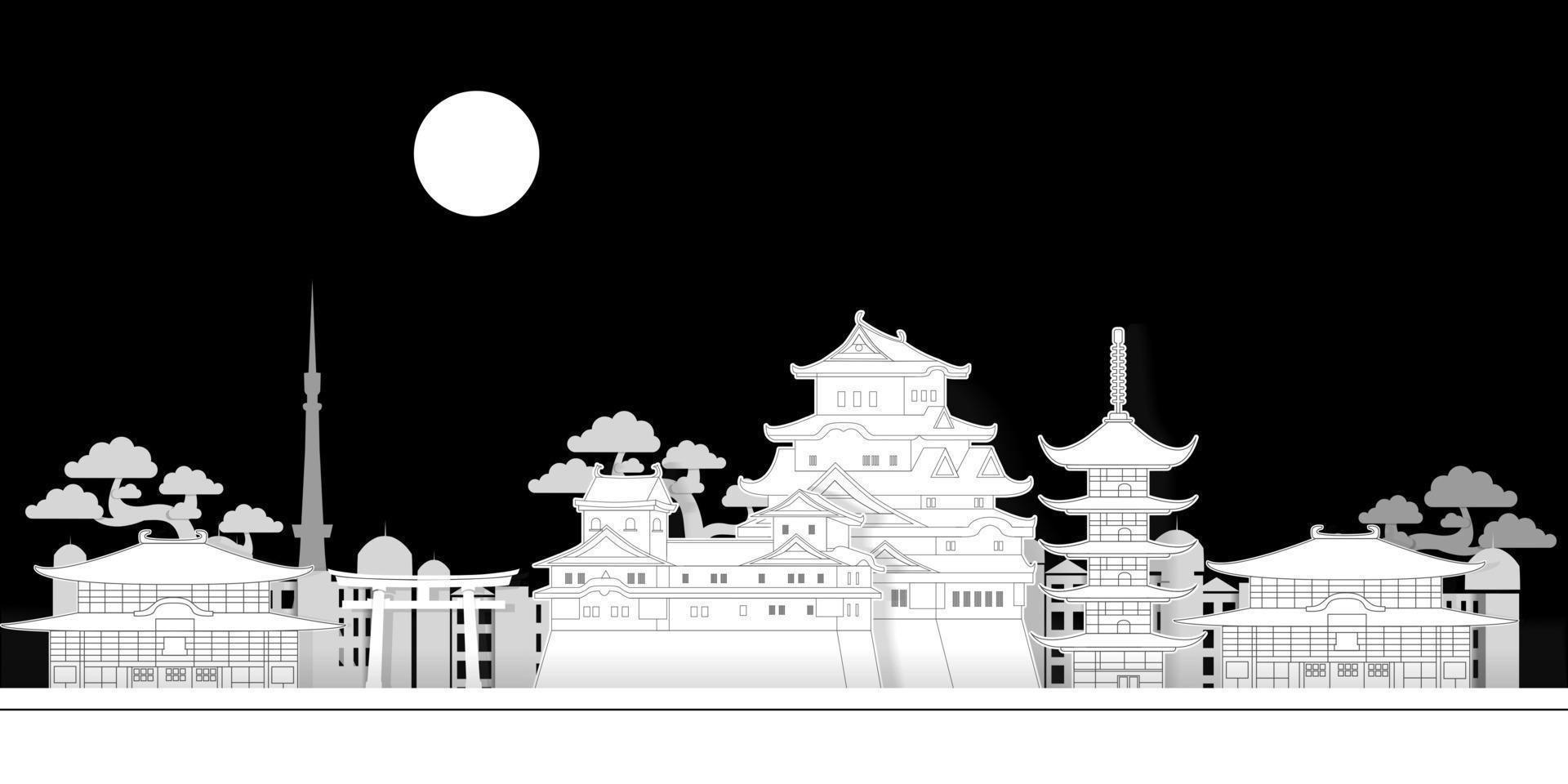 japans landschap in het maanlicht papercut vector achtergrondontwerp