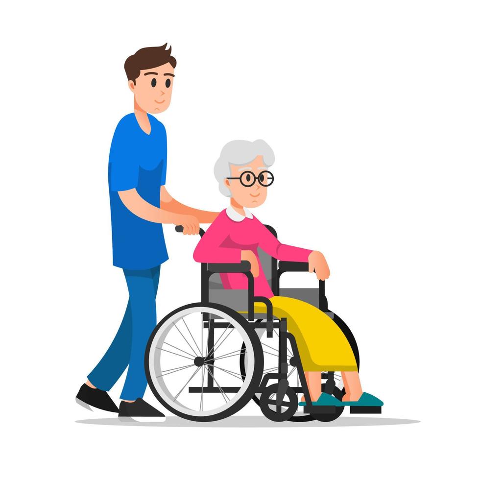 een verpleger die een rolstoel duwt voor een oudere vrouw vector