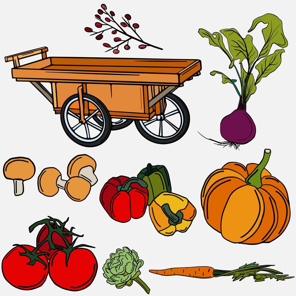herfst groenten. set groenten met een houten kar vector