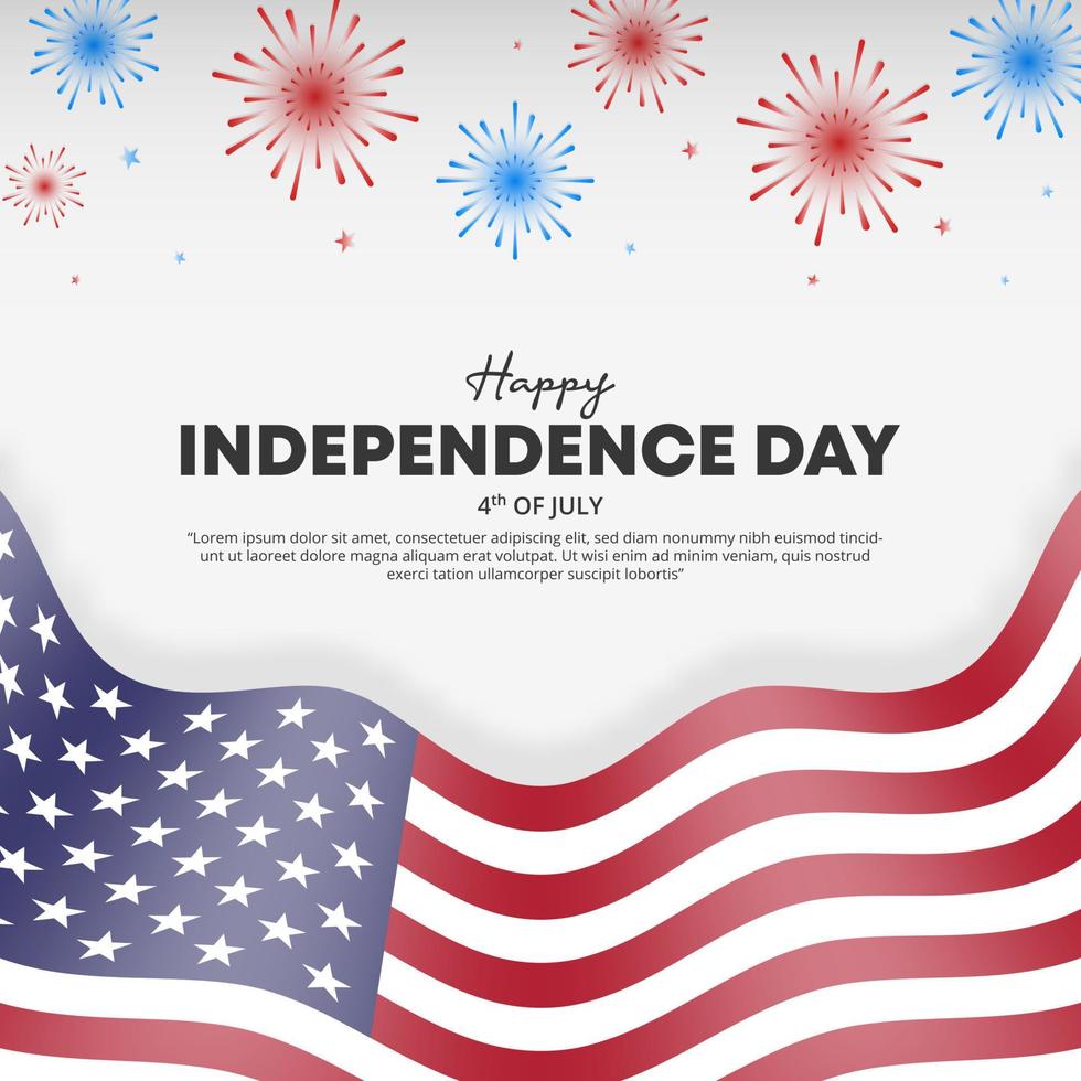 Happy 4 juli onafhankelijkheidsdag achtergrond met vuurwerk ornamenten en een vlag op een witte muur vector
