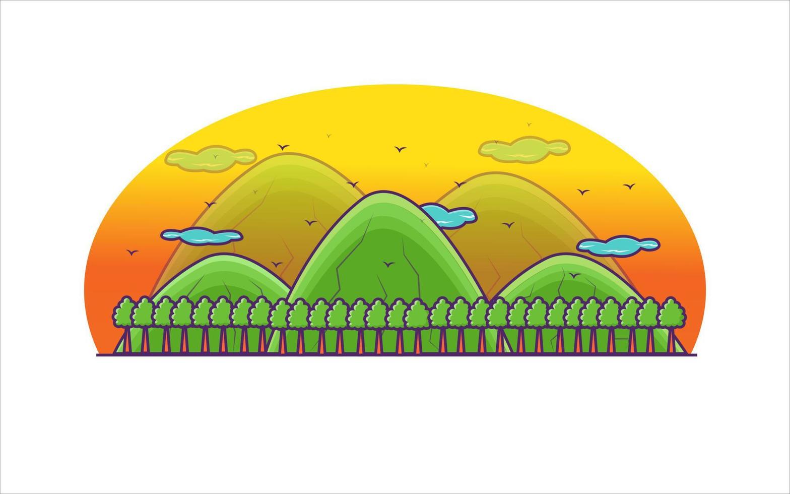 natuur vector achtergrond, landschap met bergen en boom met uitzicht op de zonsondergang