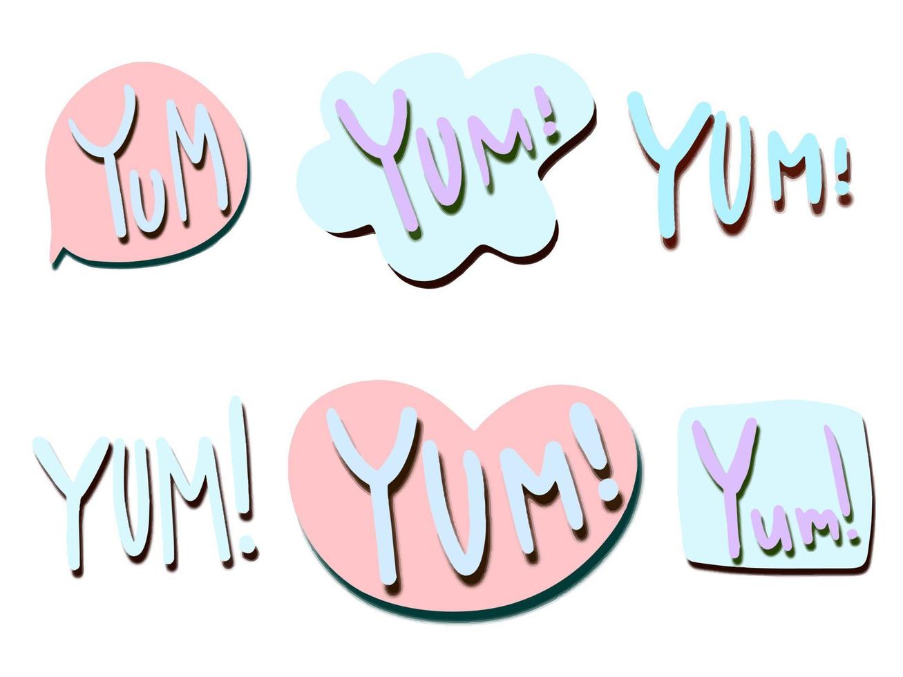 vector yum yum woorden set. ontwerp doodle om af te drukken. papier gesneden woorden yum yum.