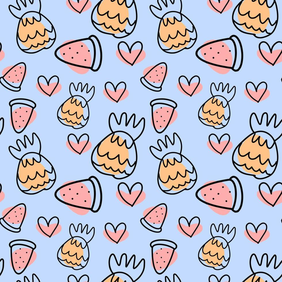 zomer abstract patroon met ananas en watermeloen in doodle stijl. vector