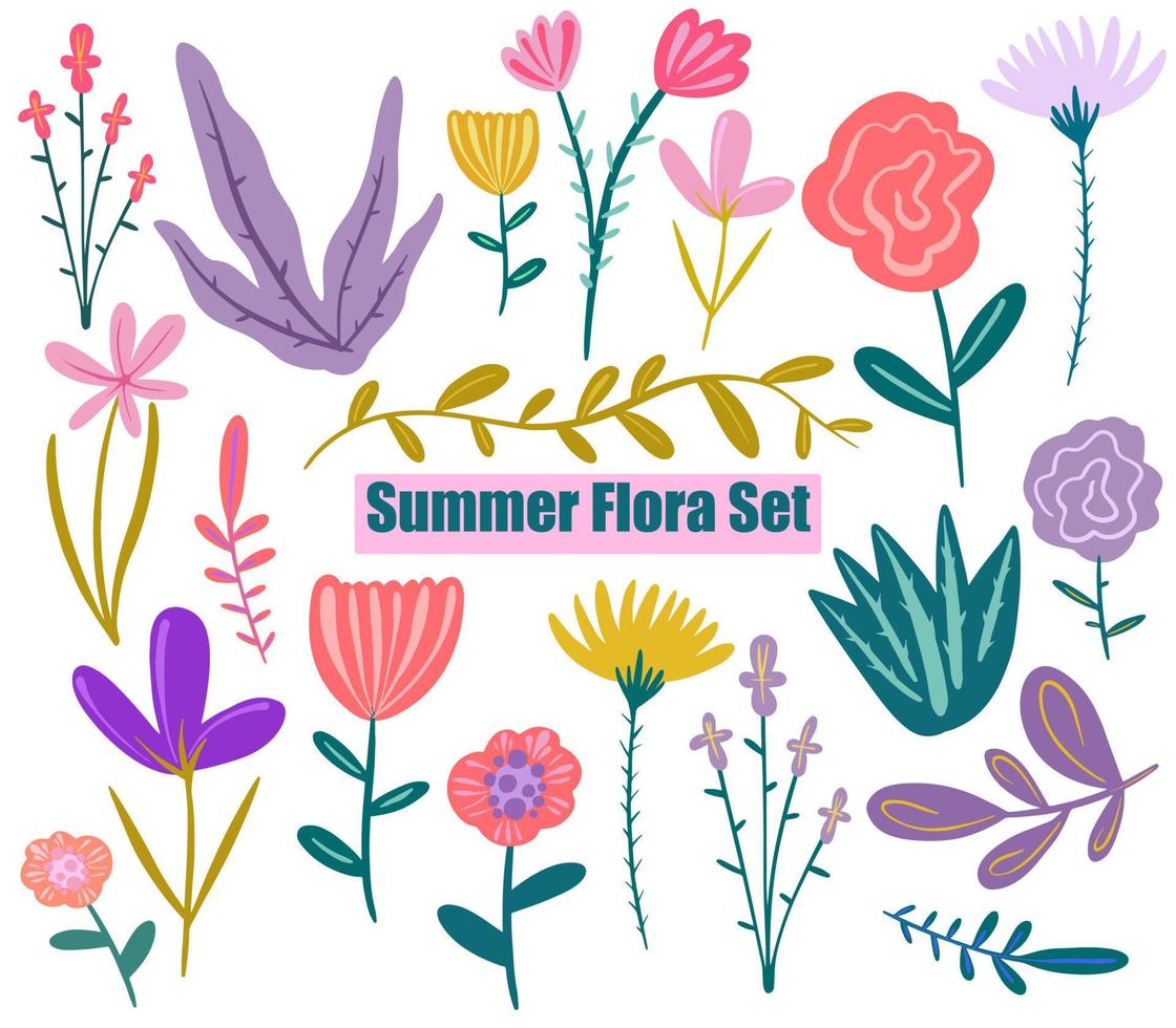 vector handgeschilderde zomer flora set. wilde bloemen. schets wilde bloemen en kruiden natuur botanische elementen.