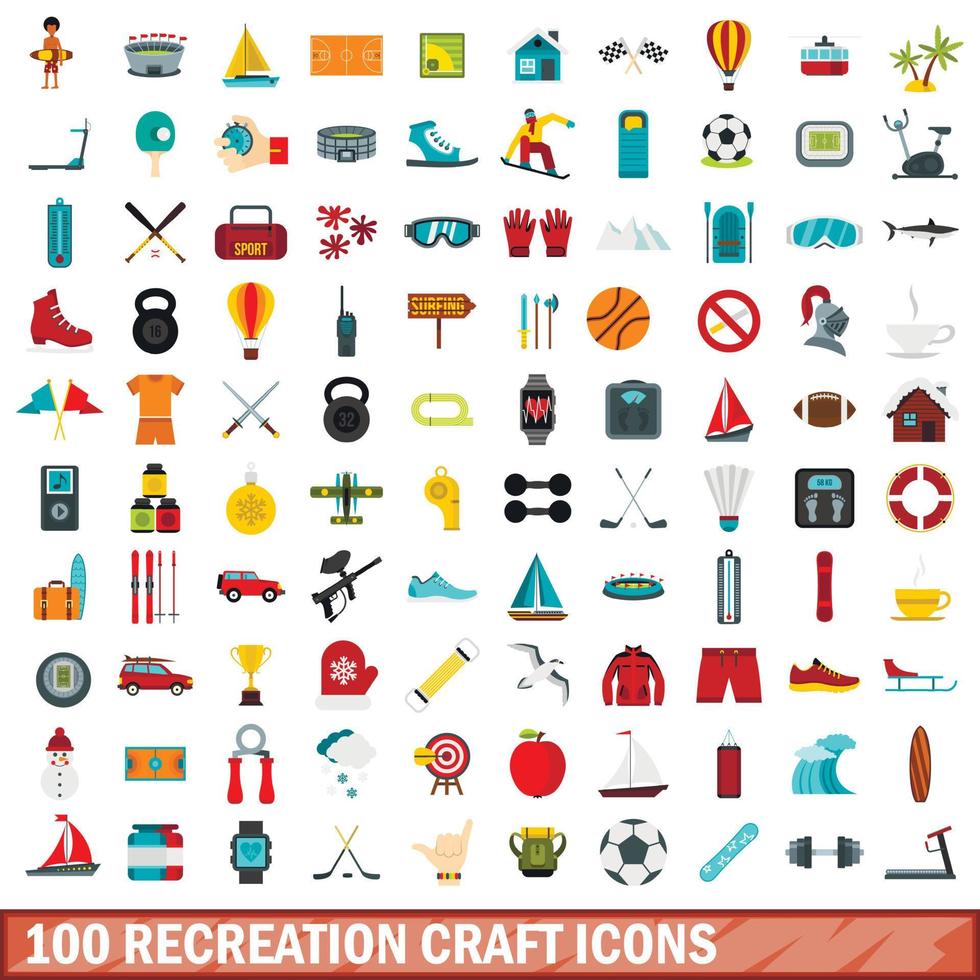 100 recreatie ambachtelijke iconen set, vlakke stijl vector