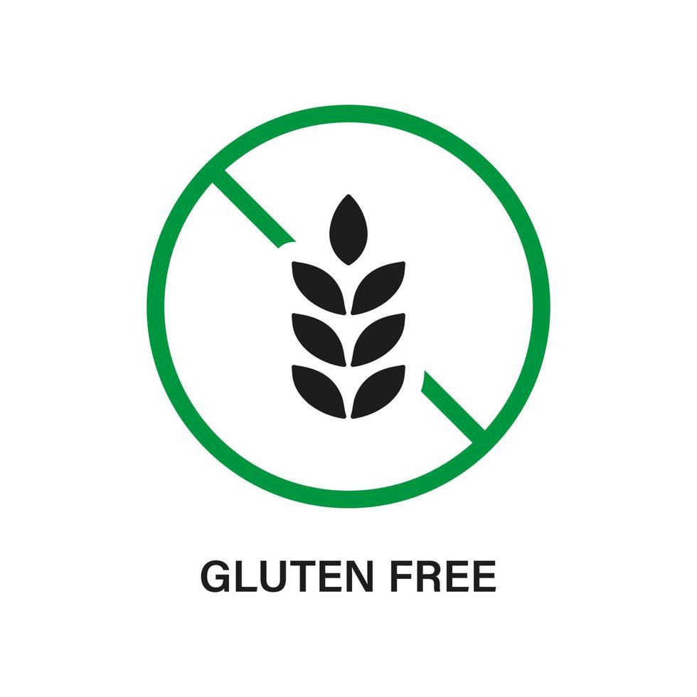 geen gluten voedsel dieet. allergisch voor tarwe zwart pictogram. glutenvrij silhouet icoon. allergie tarwe verboden symbool. gluten voedingsverbod logo. biologisch graan groen stopbord. geïsoleerde vectorillustratie. vector