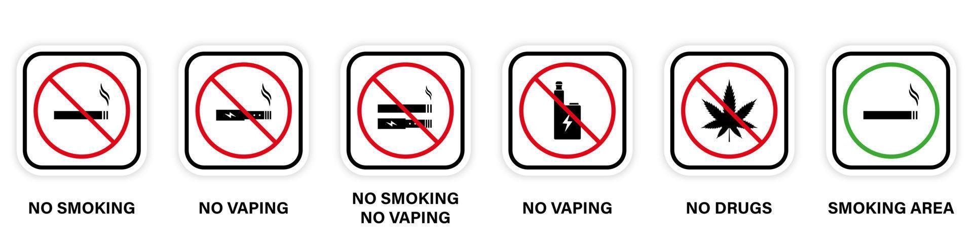 verbod zone rook marihuana vape sigaret teken. kennisgeving rookgebied groen pictogram toestaan. rook verboden rood stopsymbool. verboden roken cannabis silhouet icon set. geïsoleerde vectorillustratie. vector