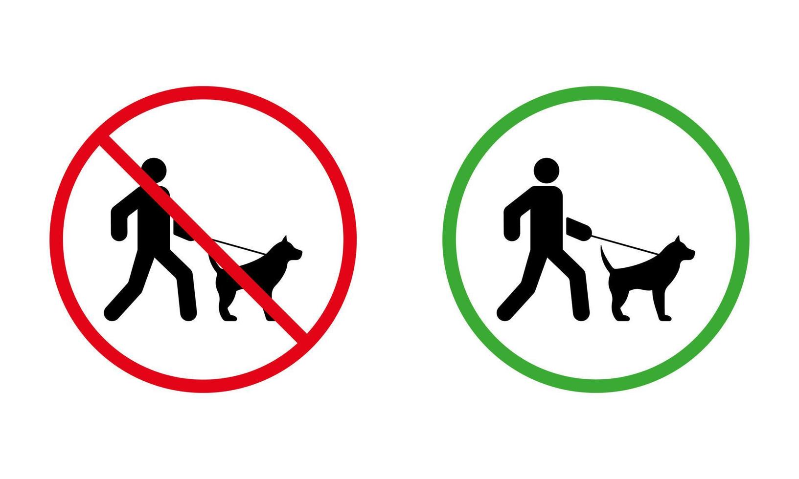 ban zone voor wandelen hond zwart silhouet icoon. man en huisdier aan de lijn lopen verboden pictogram. verbieden wandeling rode stop cirkel symbool. toestaan lopen dierengebied groen teken. geïsoleerde vectorillustratie. vector