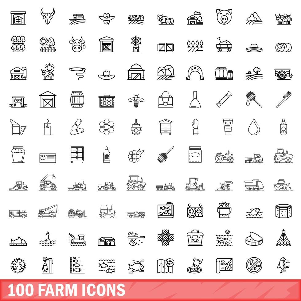 100 boerderij iconen set, Kaderstijl vector