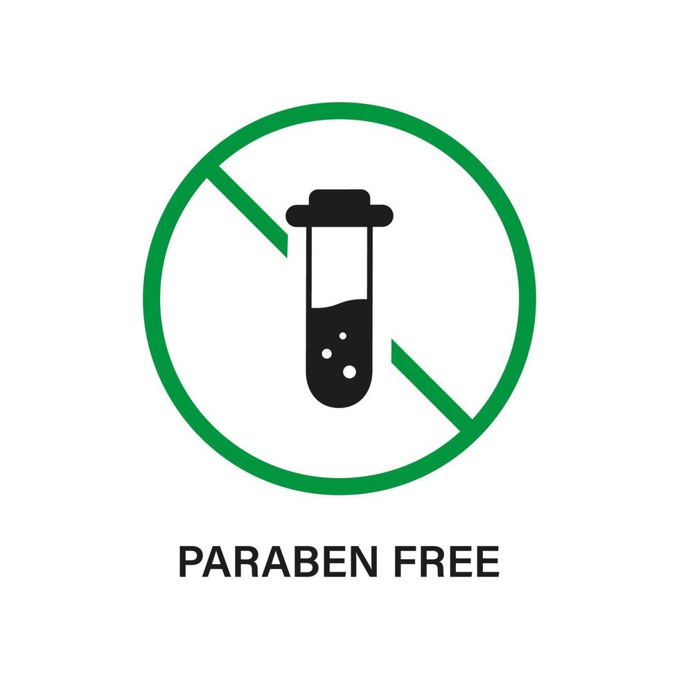 parabenen vrij met reageerbuis silhouet icoon. veiligheid eco biologisch cosmetisch bioproduct. verboden parabenen in voedselsymbool. chemisch conserveermiddel groen stopbord. geen plastic etiket. vectorillustratie. vector