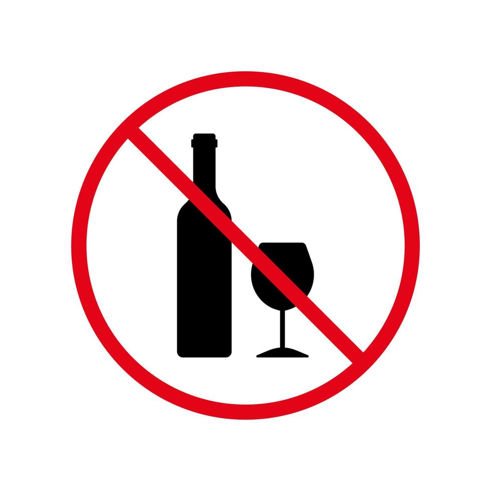 verbod alcohol zwart silhouet pictogram. drink alcohol verboden pictogram. wijnfles en glas rood stopbord. droog januari-symbool. niet toegestane alcohol. waarschuwing geen dronken. geïsoleerde vectorillustratie. vector