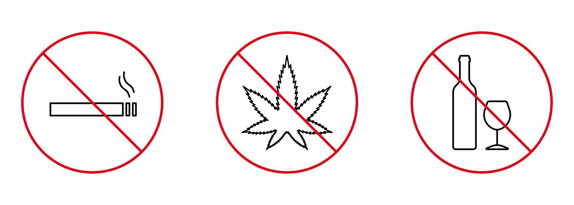 alcohol drinken, sigaretten roken, verdovende middelen verboden overzichtspictogram. drugs, alcohol, rook rood stopsymbool. alcohol, drugs en rookverbod zone lijn icon set. geïsoleerde vectorillustratie. vector