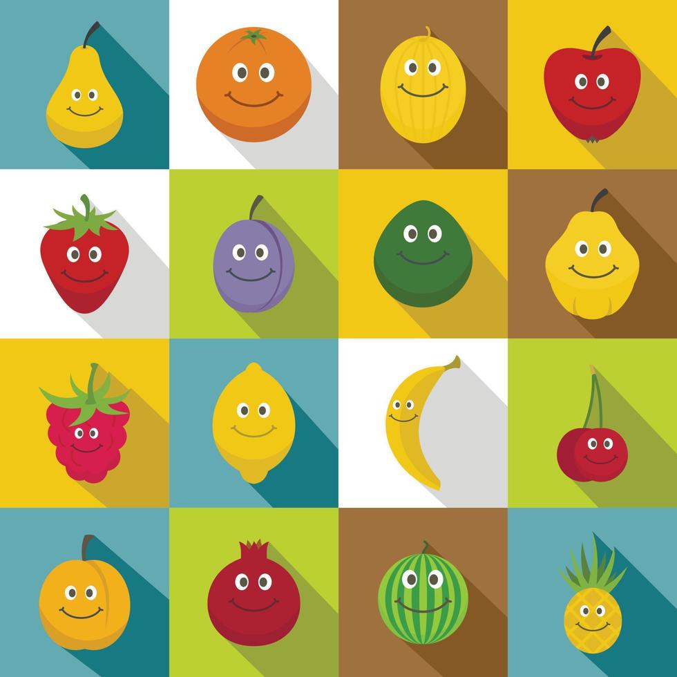 lachende fruit iconen set, vlakke stijl vector