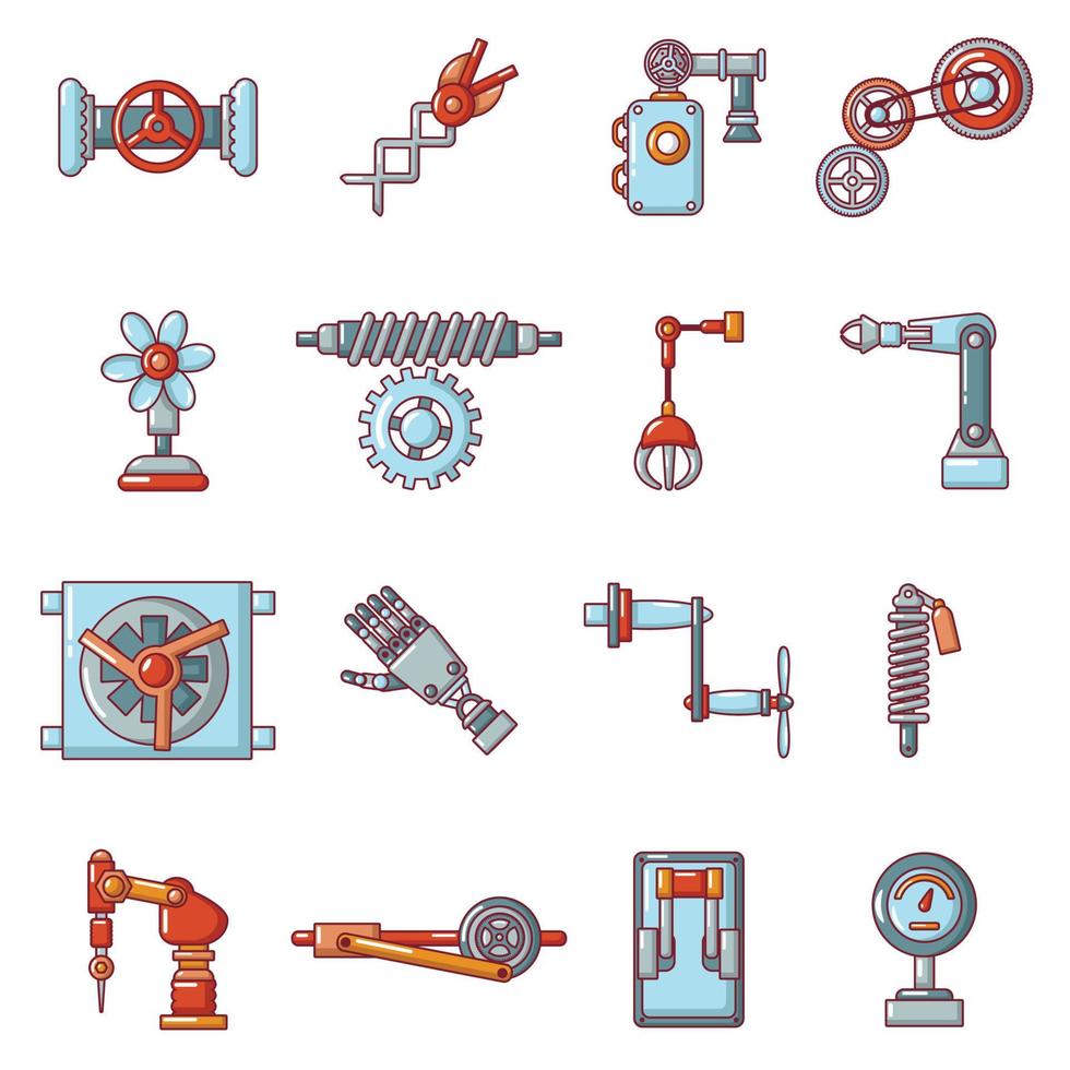 technische mechanismen iconen set, cartoon stijl vector