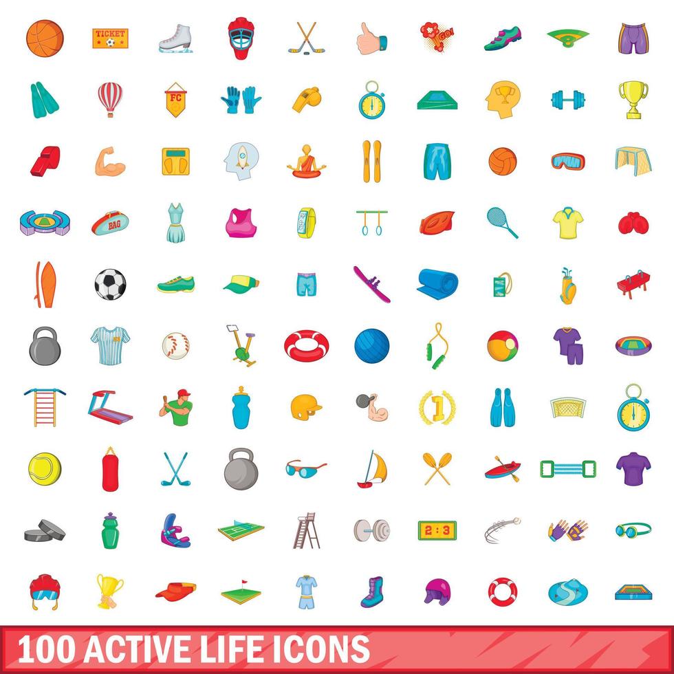 100 actief leven iconen set, cartoon stijl vector