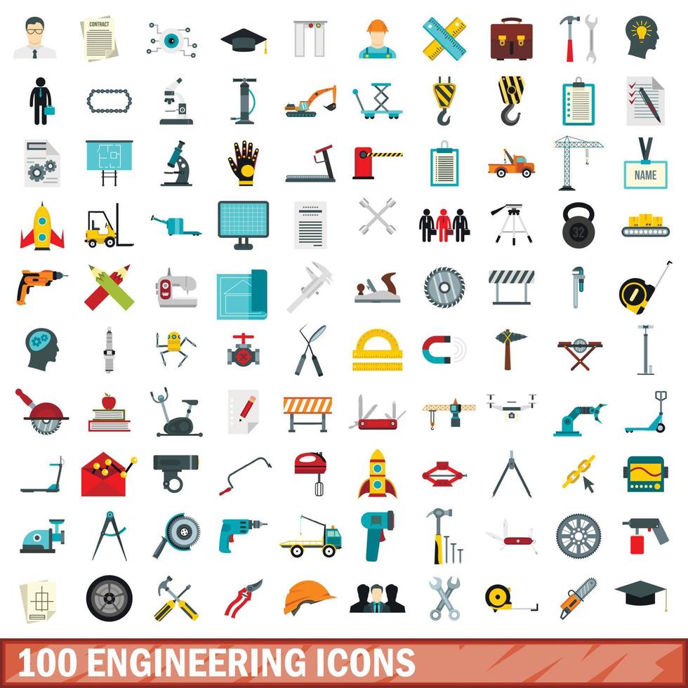 100 engineering iconen set, vlakke stijl vector