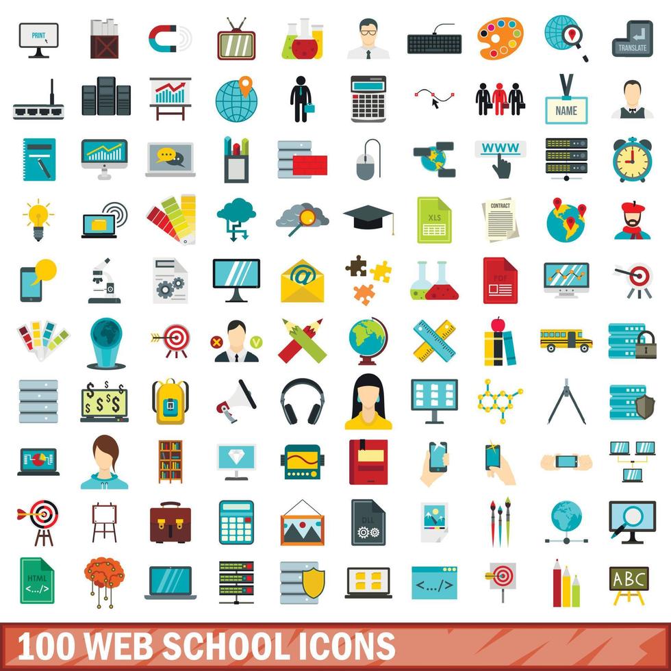 100 webschool iconen set, vlakke stijl vector