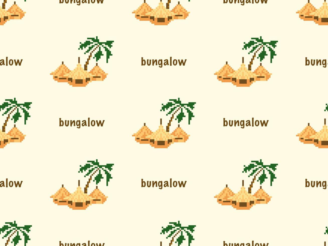 bungalow cartoon karakter naadloze patroon op gele achtergrond. pixelstijl vector