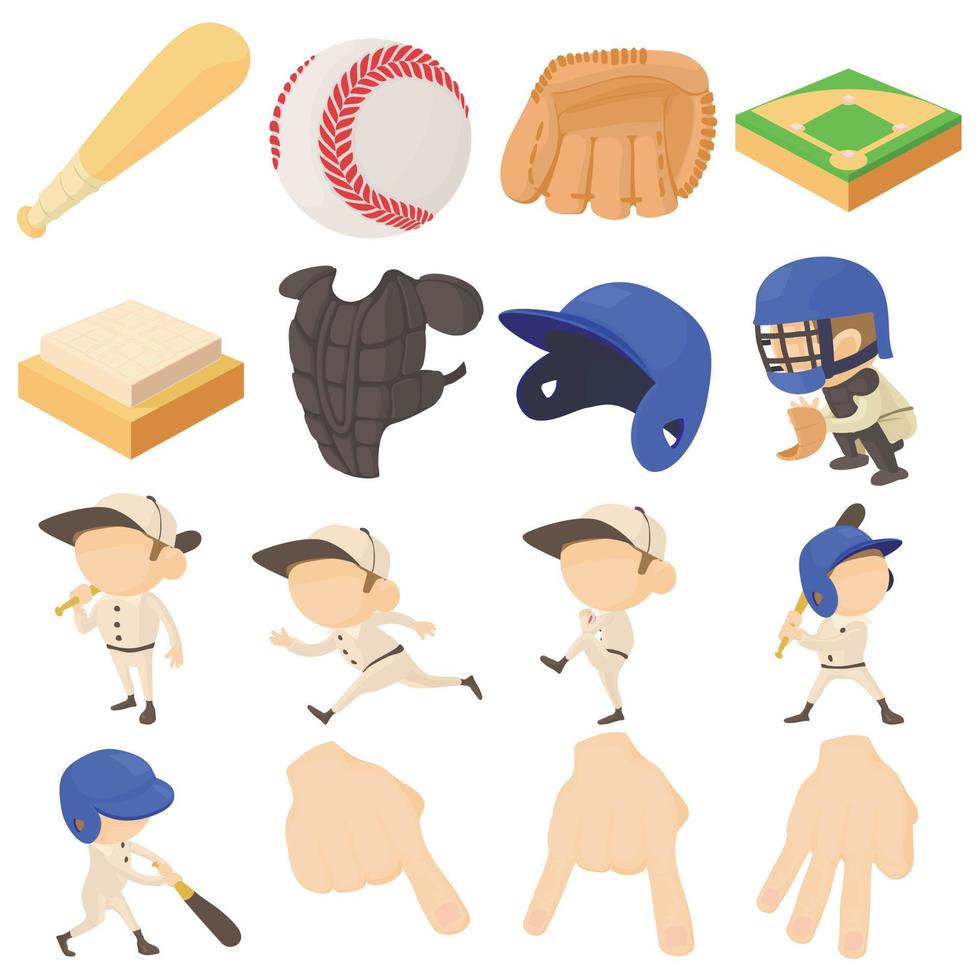 honkbal items iconen set, cartoon stijl vector