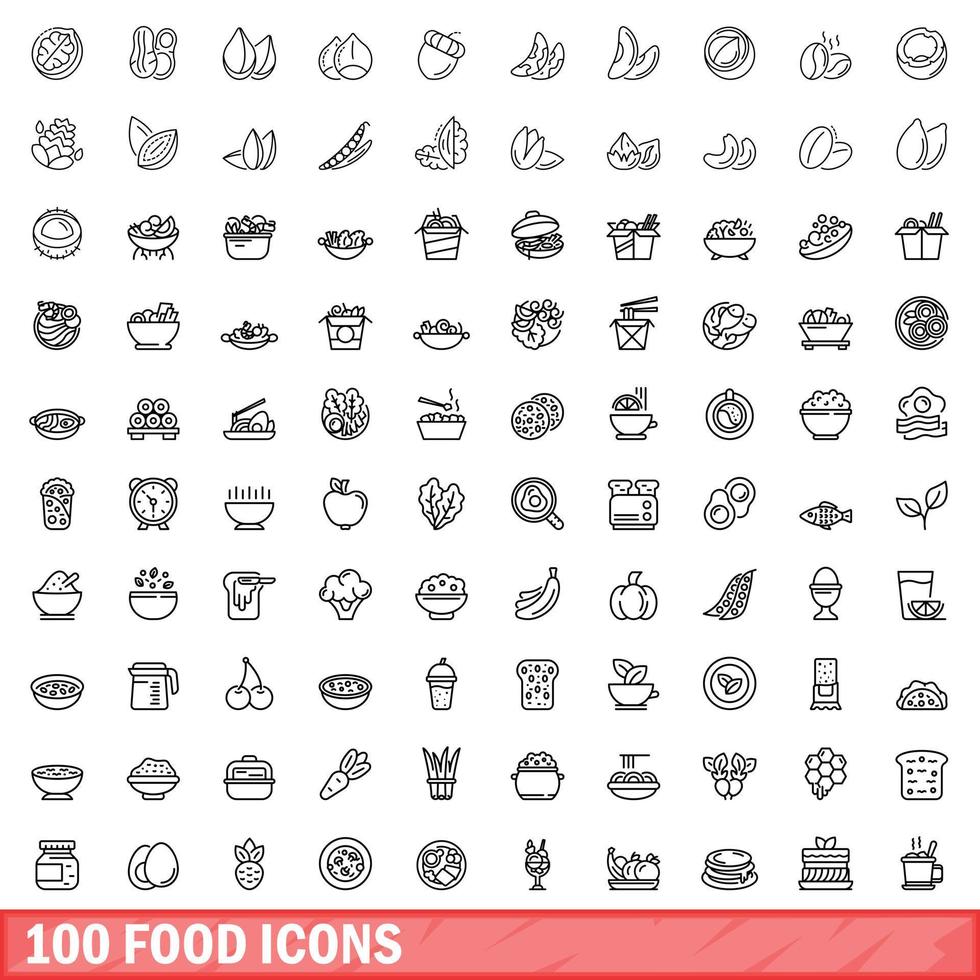 100 voedsel iconen set, Kaderstijl vector