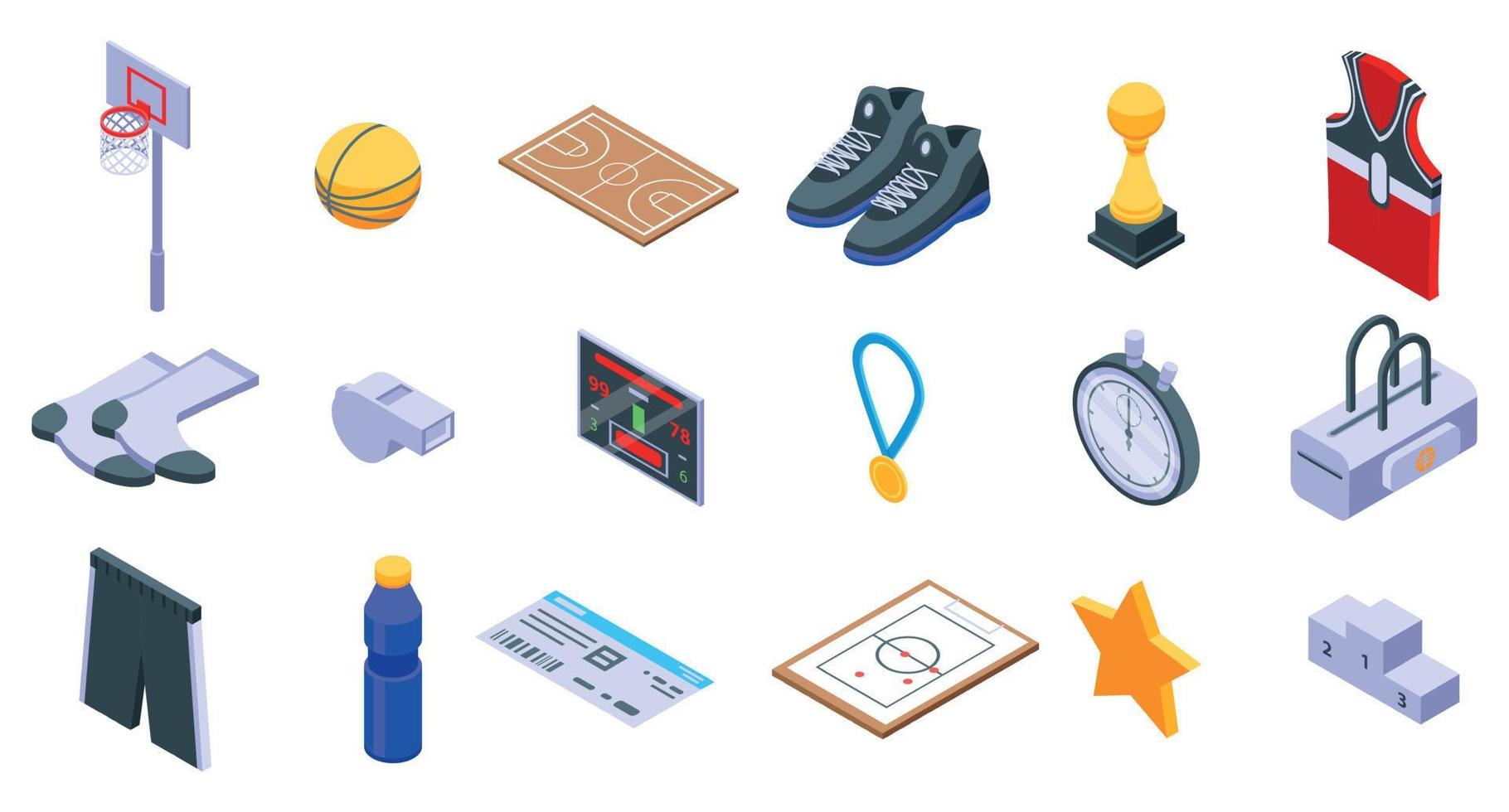 basketbal uitrusting iconen set, isometrische stijl vector
