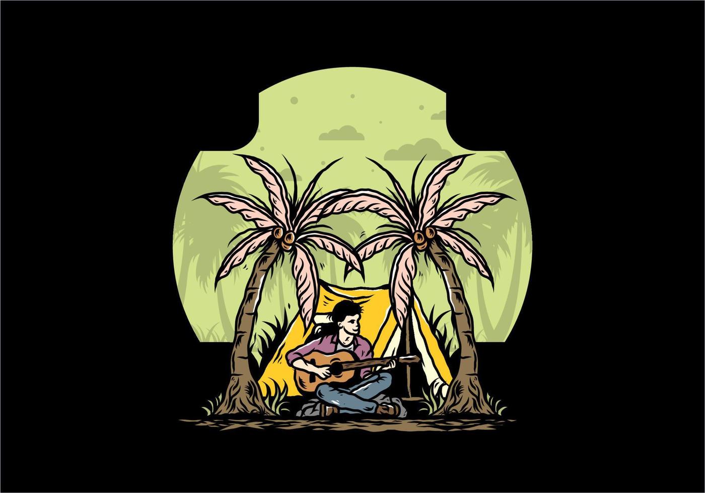 man met gitaar voor tent tussen kokospalm illustratie vector
