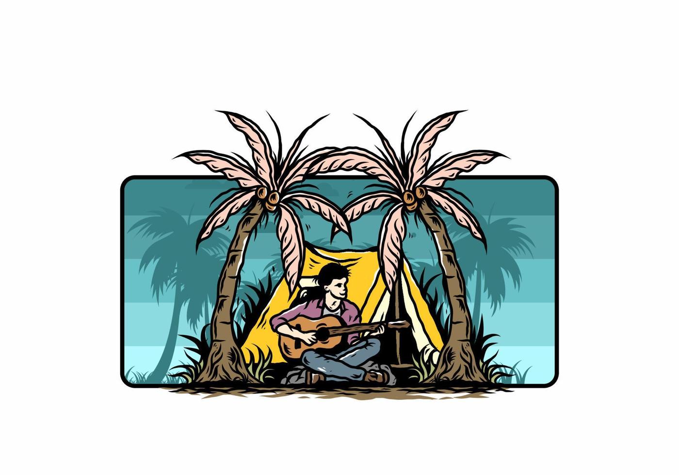 man met gitaar voor tent tussen kokospalm illustratie vector