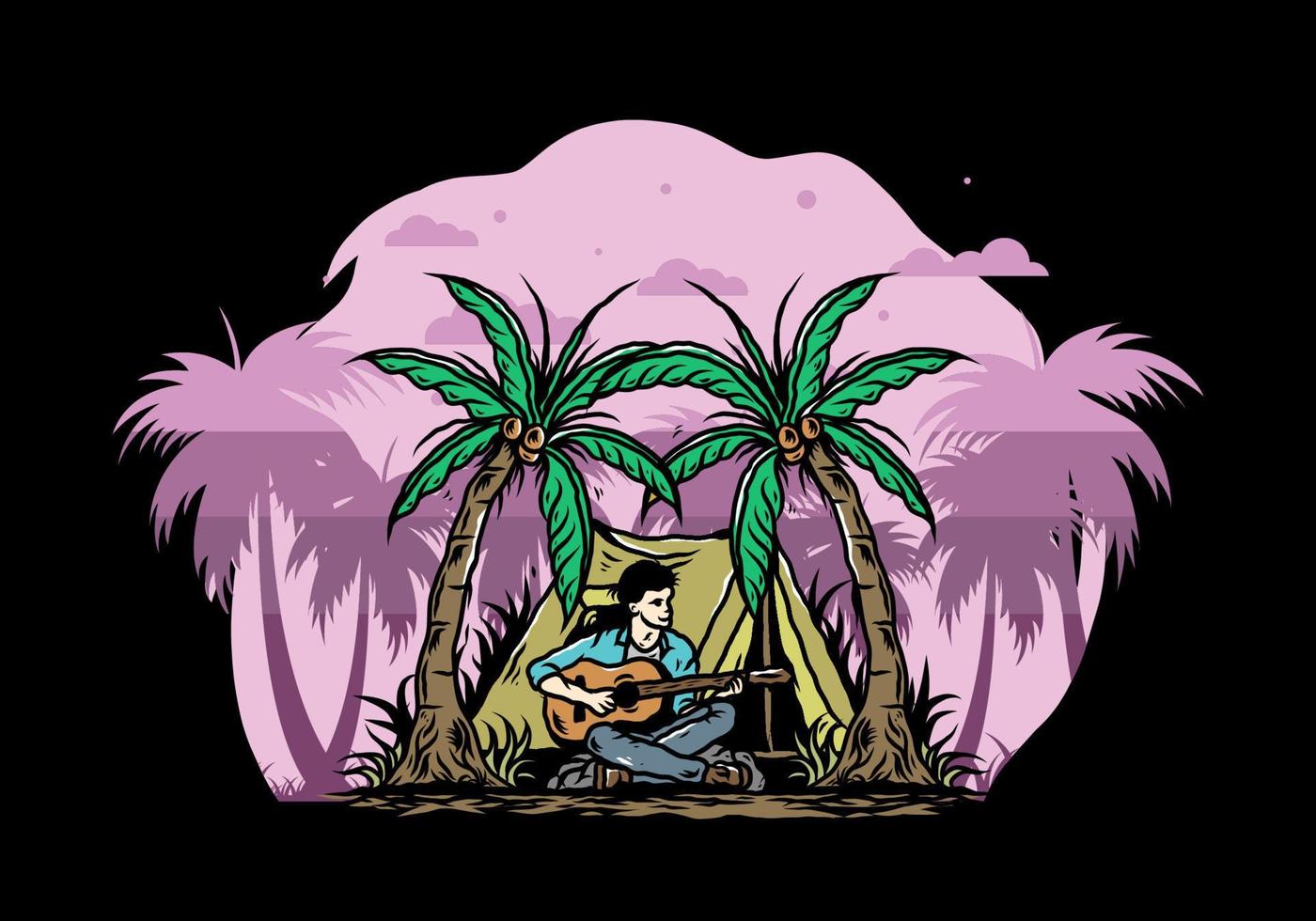 man met gitaar voor tent tussen kokospalm illustratie vector