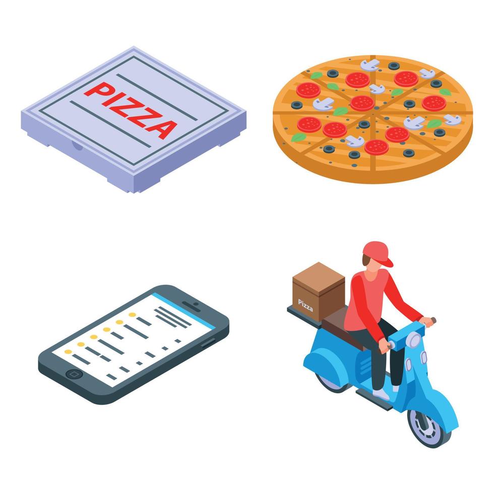 pizzabezorger iconen set, isometrische stijl vector