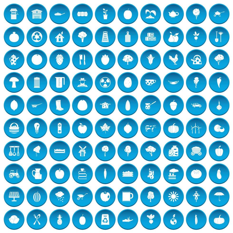 100 gezondheidsvoedsel iconen set blauw vector