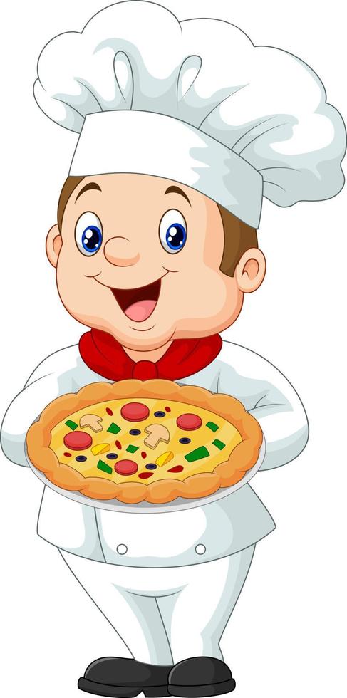 cartoon gelukkige chef-kok met pizza vector