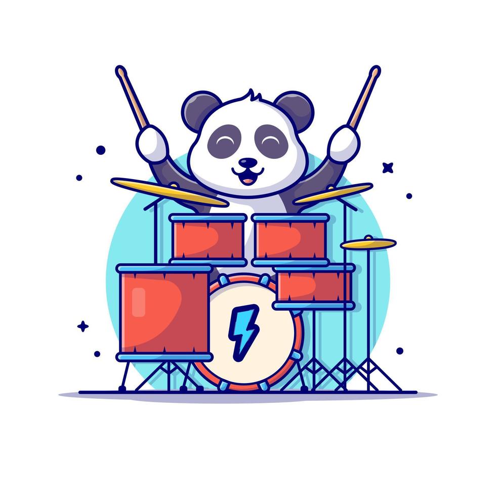 schattige panda drummen met stok muziek cartoon vector pictogram illustratie. dierlijke kunst pictogram concept geïsoleerde premium vector. platte cartoonstijl