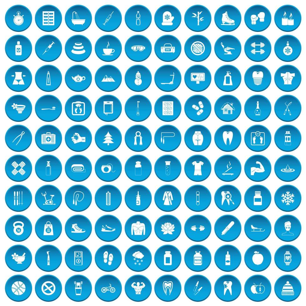 100 fit lichaam iconen set blauw vector