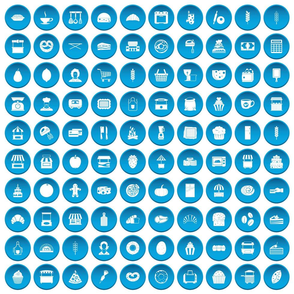 100 bakkerijpictogrammen blauw ingesteld vector