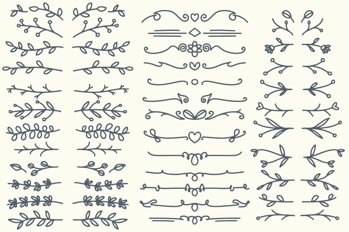 vijfendertig handgetekende vectorverdelers. lijnen, randen en lauweren set vector