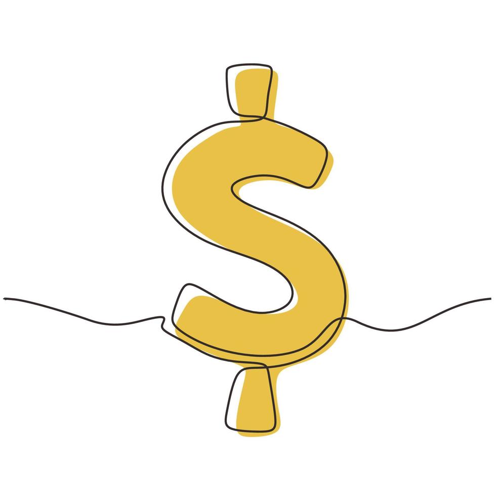 continue een lijntekening van dollar met gele kleur. vector minimalisme hand getrokken schets stijl