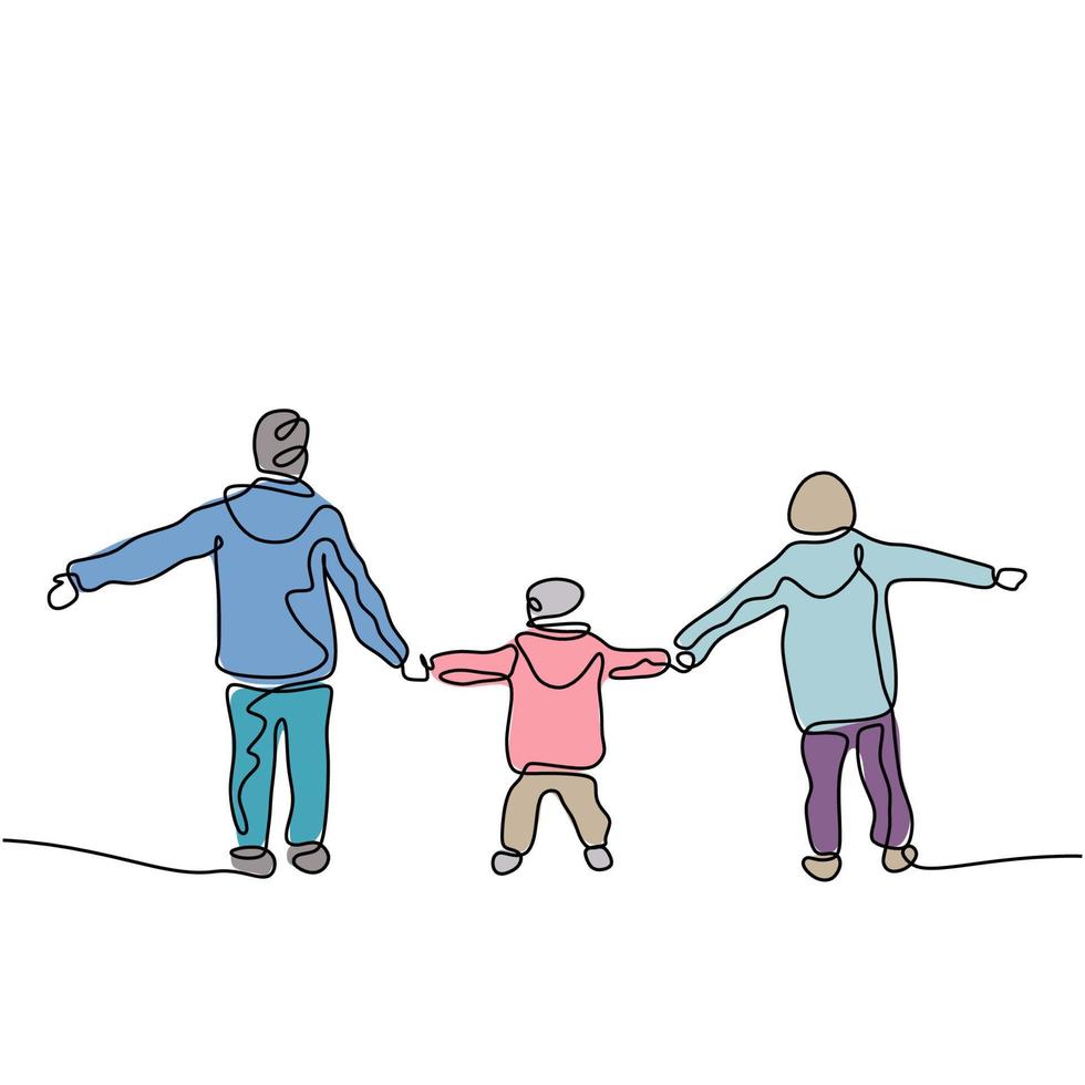 doorlopende lijntekening van drie kinderen die spelen en elkaars hand vasthouden. saamhorigheid kinderen handgetekende schets met kleuren vector