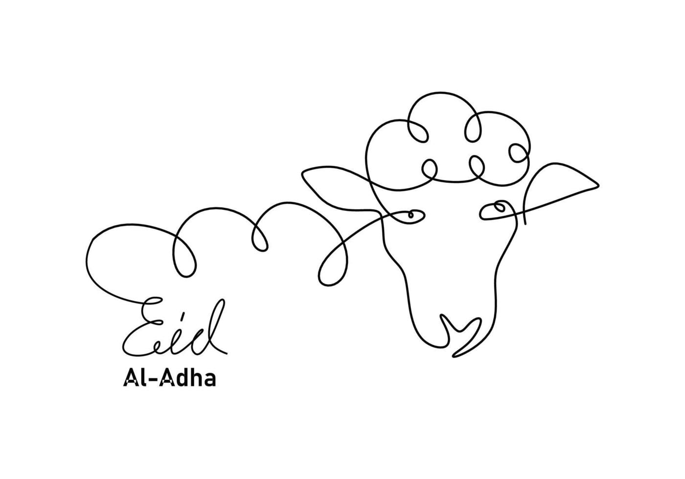 een doorlopende enkele lijn van eid al adha met schattige geitenschaapskop vector