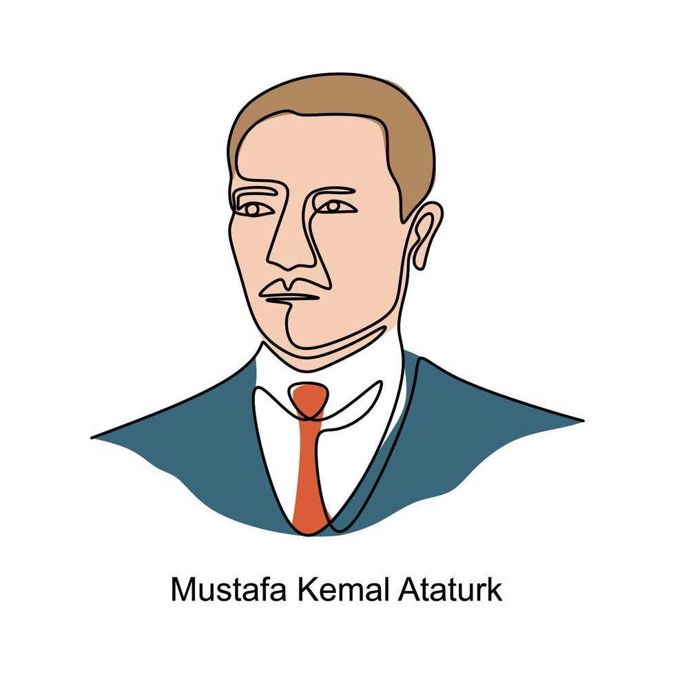 continue een lijntekening van mustafa kemal ataturk, beroemde mensen in turkije. vector