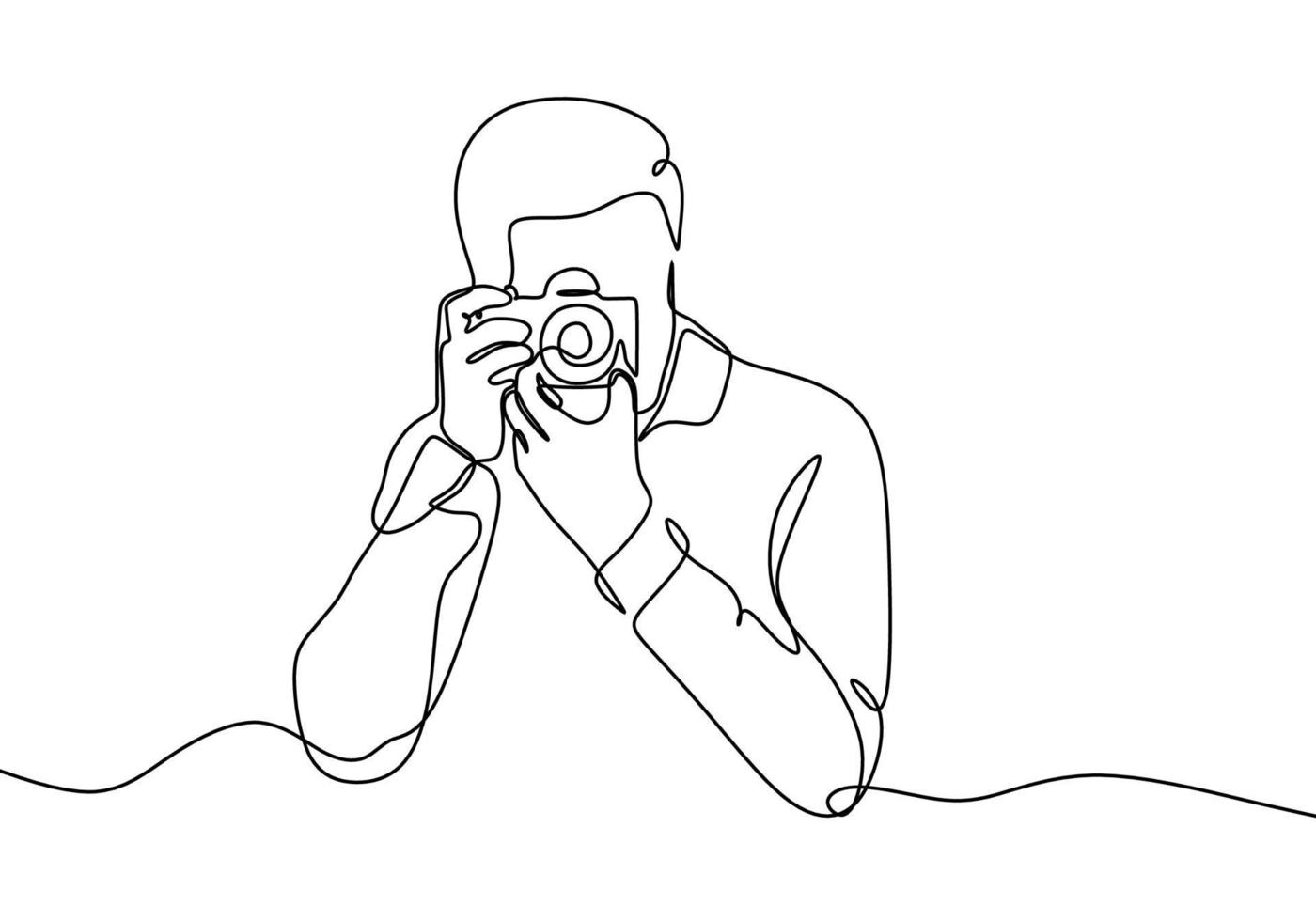 continue een lijntekening van de mens die een foto maakt met de camera. fotografie concept vector minimalistisch