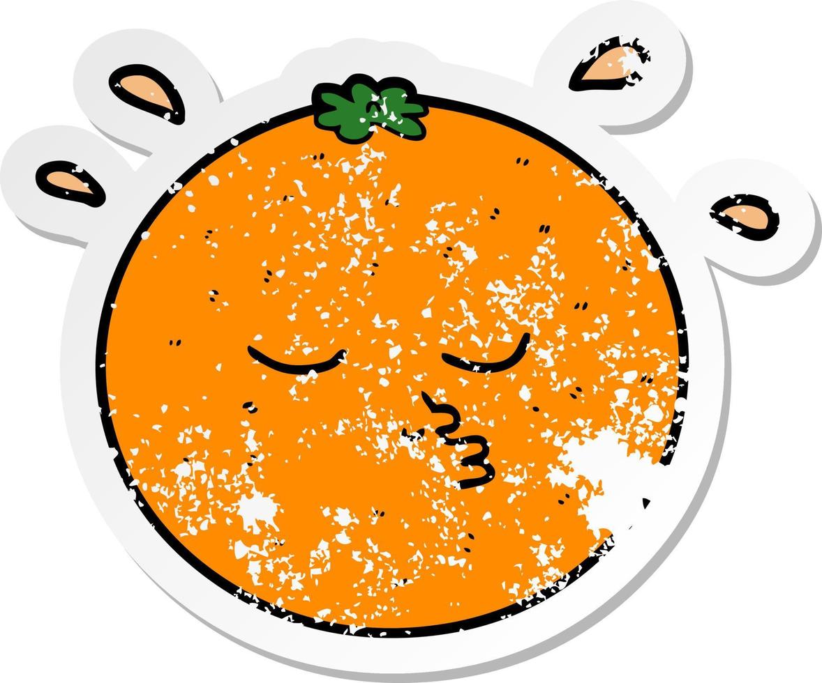 verontruste sticker van een cartoon oranje met gezicht vector