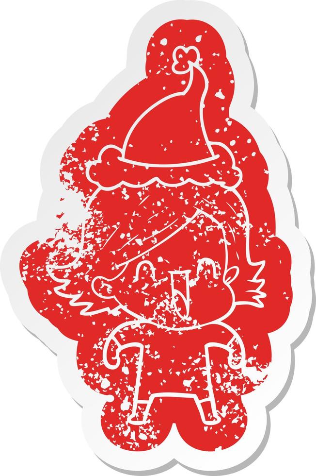 cartoon noodlijdende sticker van een gelukkige vrouw met een kerstmuts vector