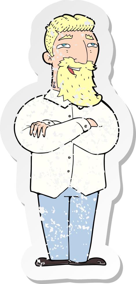retro noodlijdende sticker van een cartoon gelukkige man met baard vector