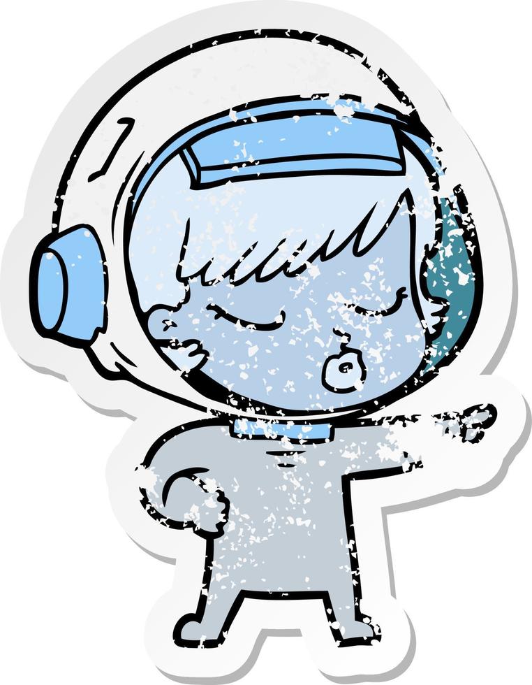 verontruste sticker van een cartoon, mooi astronautenmeisje dat wijst vector