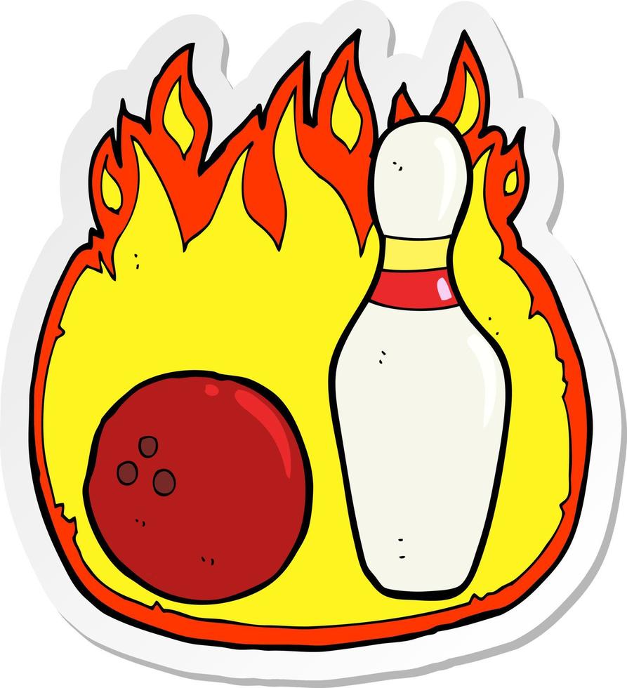 sticker van een tien-pins bowling cartoon symbool met vuur vector